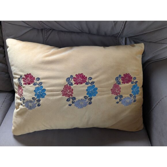 Vintage Floral Embroidered Pillow Yellow & Blue Velour 19x13 Rectangular Cushion - Picture 1 of 6